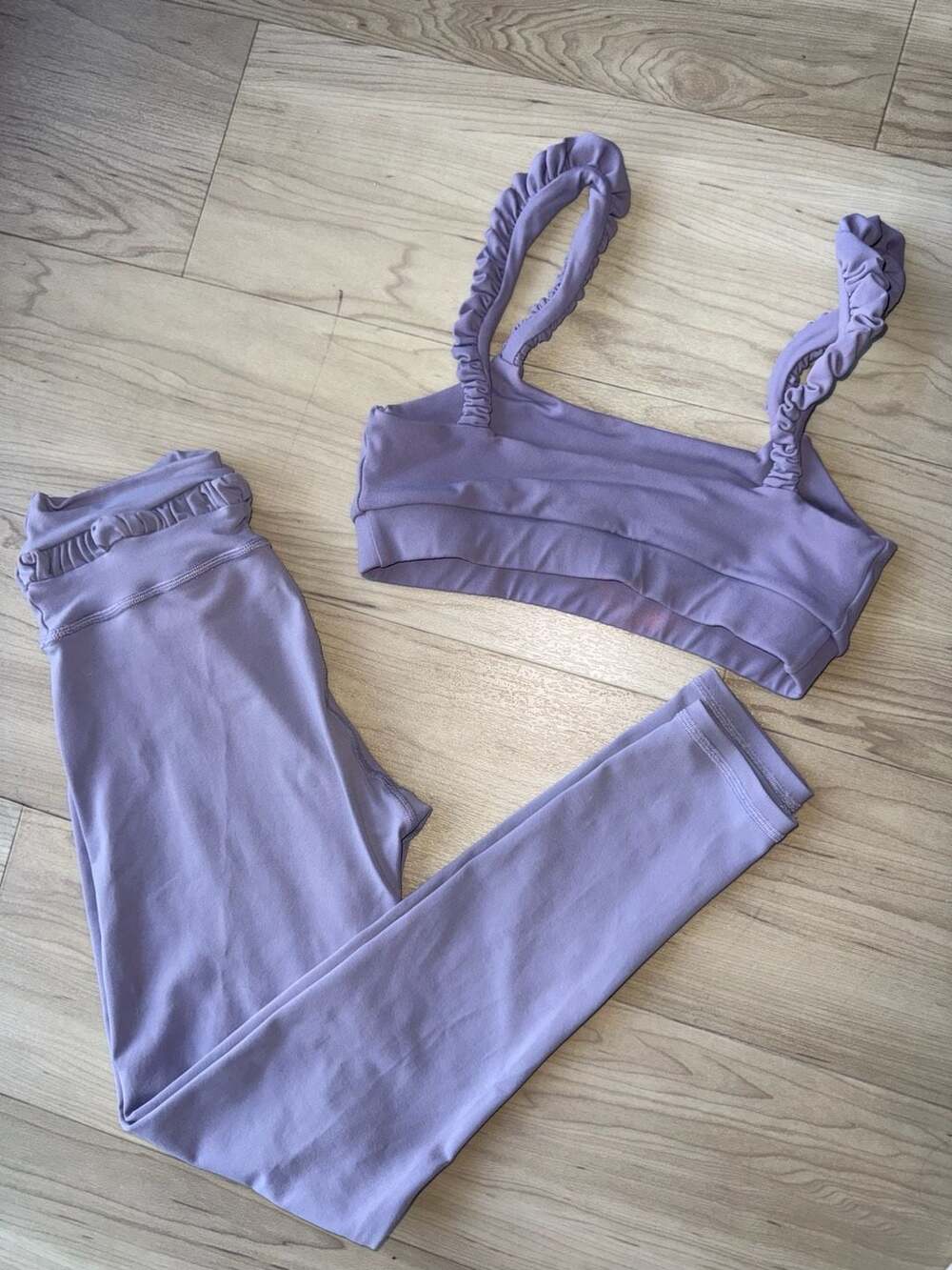 925 Fit 2-Piece Activewear Set Purple Ruffle Strap Sports Bra and Matching Leggi